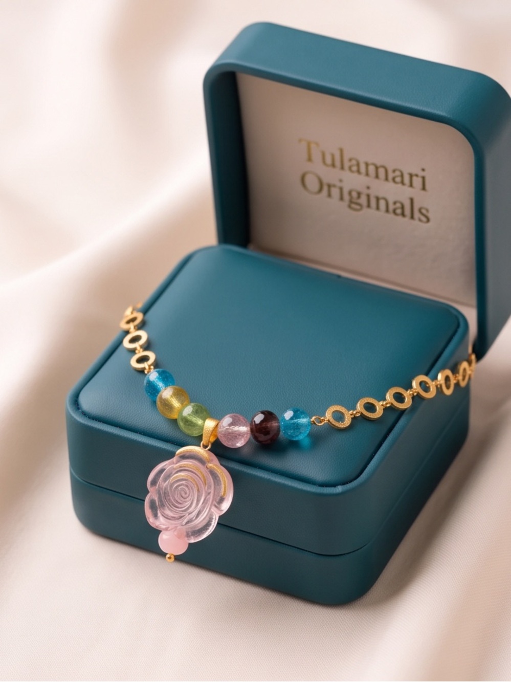 The Tula Bloom, Gold Stainless Steel Multicolor Bead Necklace with Pink Rose Pe